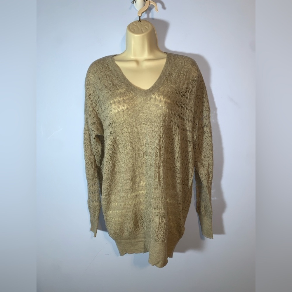 Rebecca Taylor delicate lacy knit alpaca taupe brown v neck Sweater medium